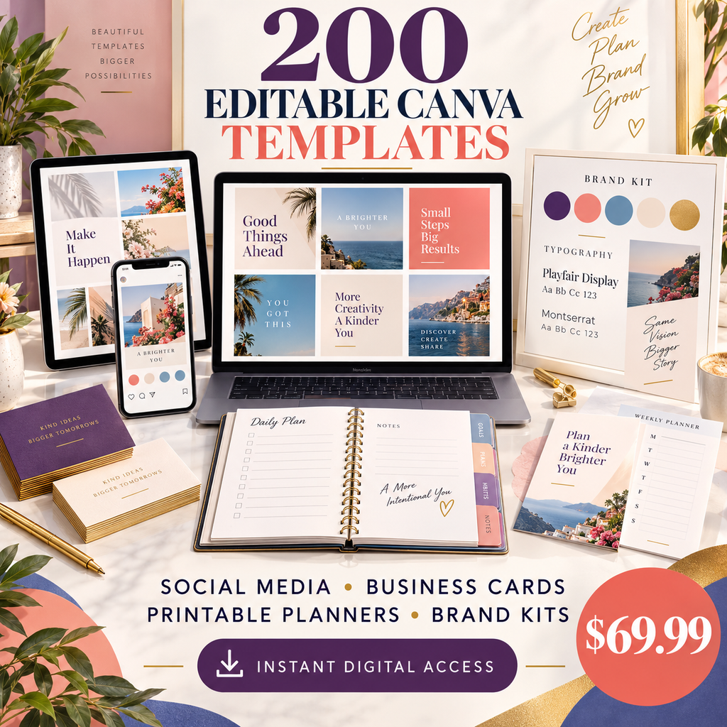 200 Editable Canva Template Bundle sales poster