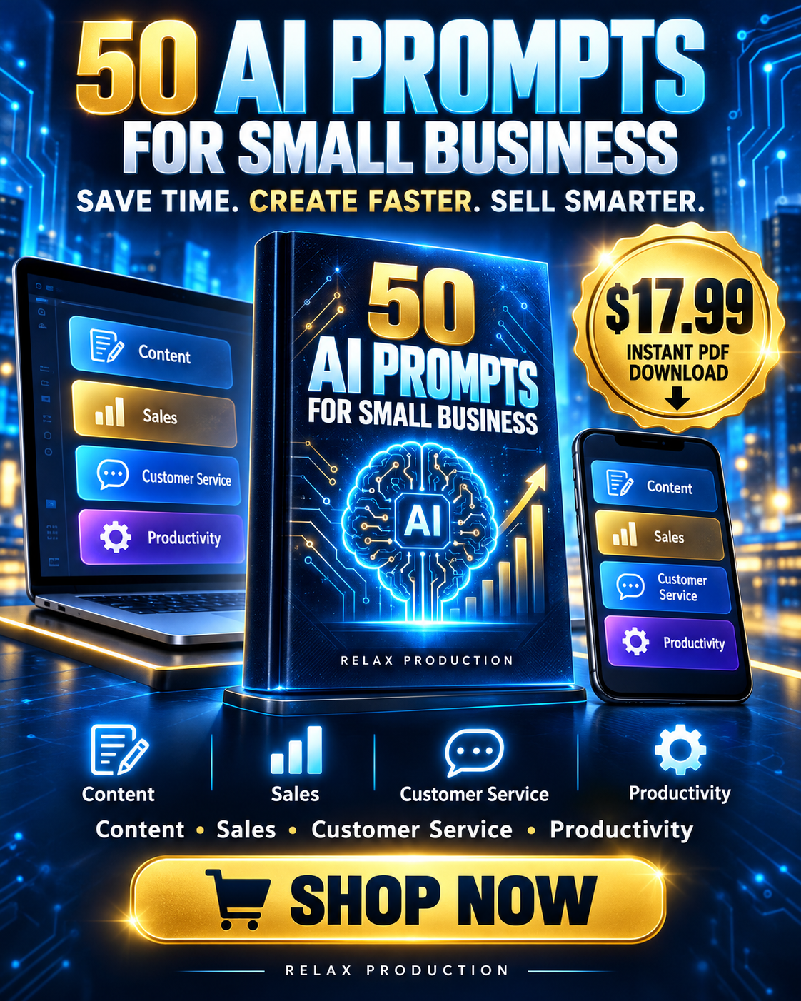 50 AI Prompts for Small Business sales poster