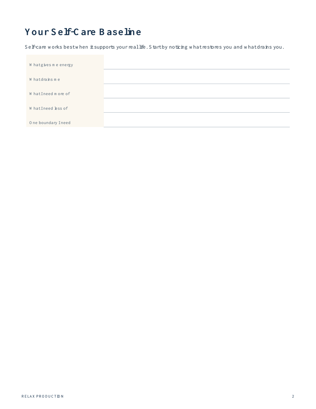 Actual sample page: Your Self-Care Baseline