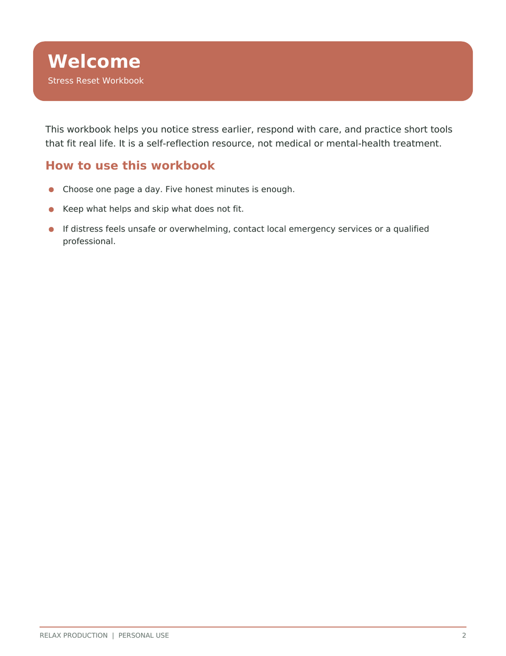 Sample page from the Stress Reset Workbook