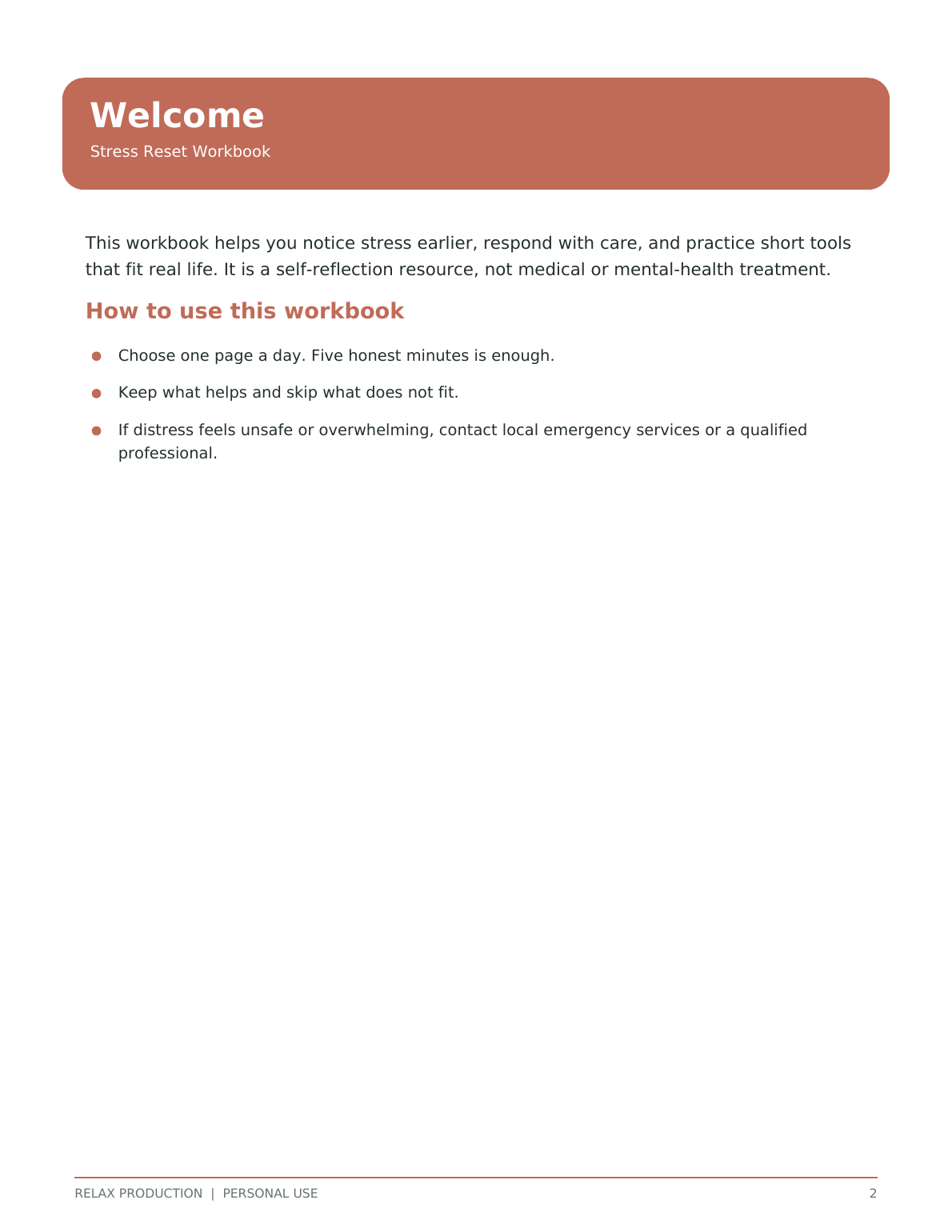 Sample page from the Stress Reset Workbook