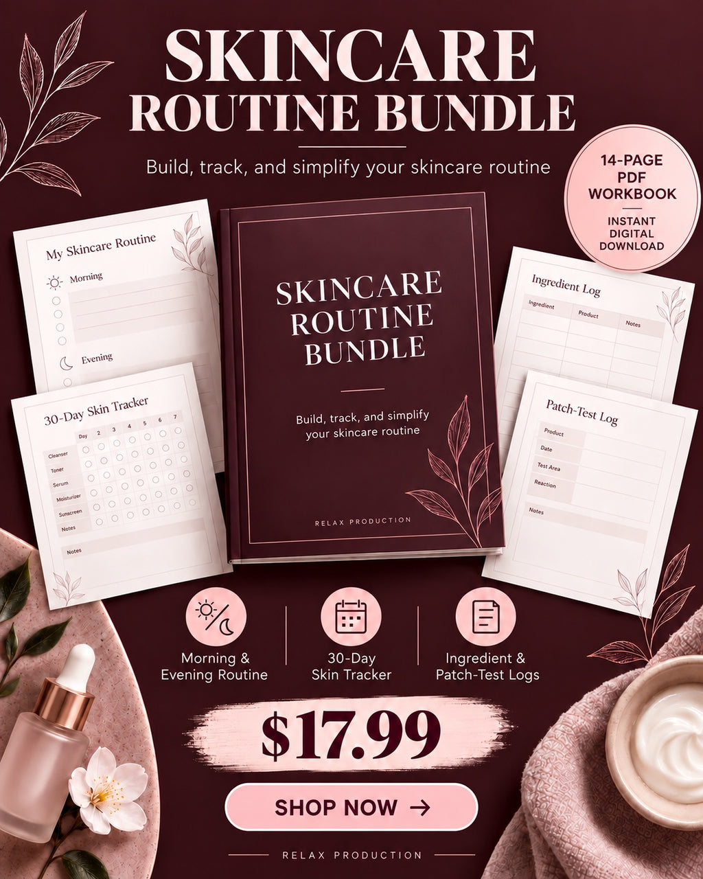 Skincare Routine Bundle 14-page PDF workbook poster, $17.99