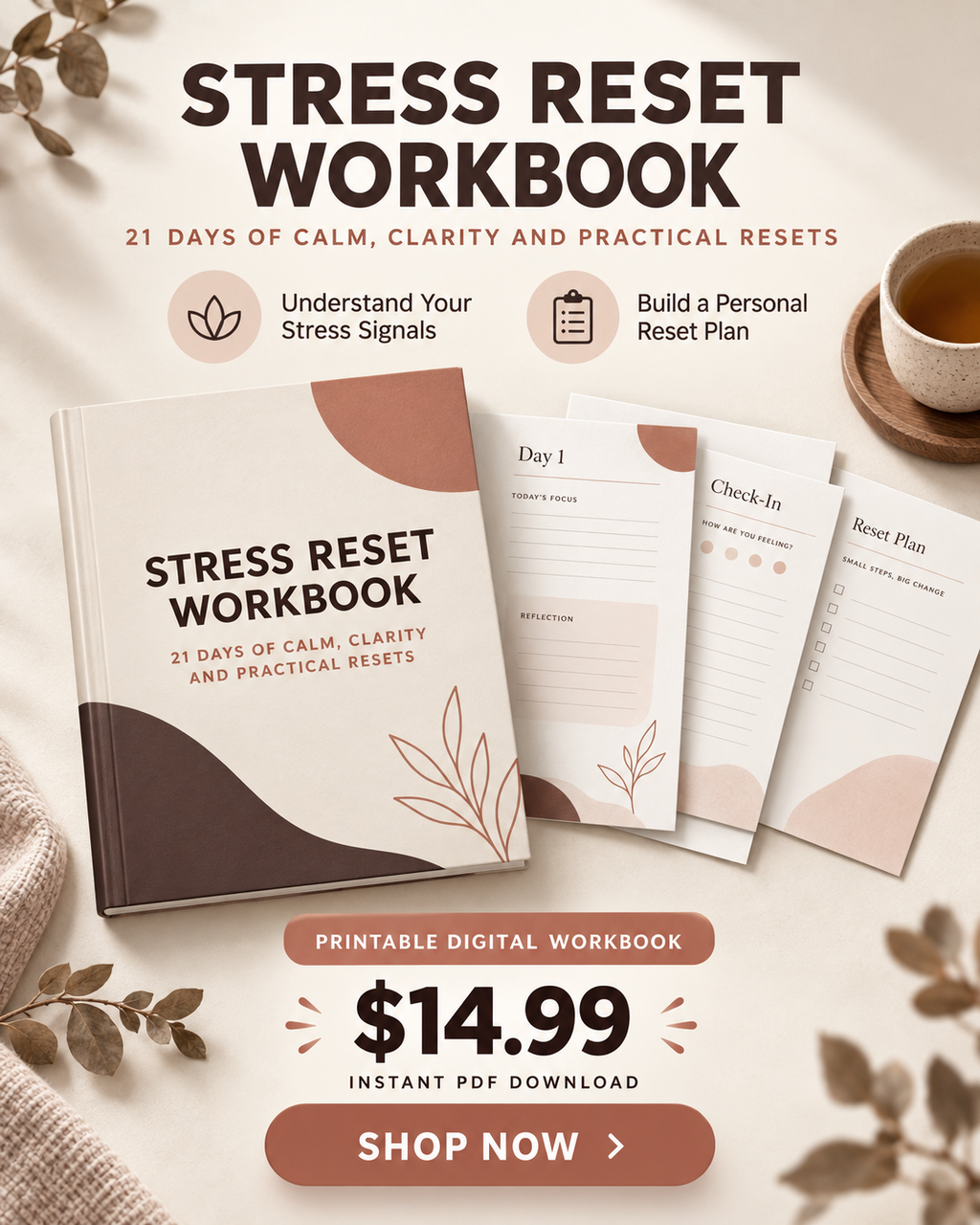 Stress Reset Workbook 21-day printable digital workbook sales poster, $14.99